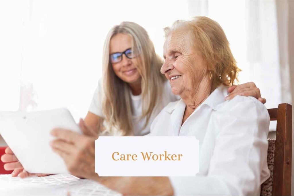 An aged care worker assisting an elderly person in a home care setting.